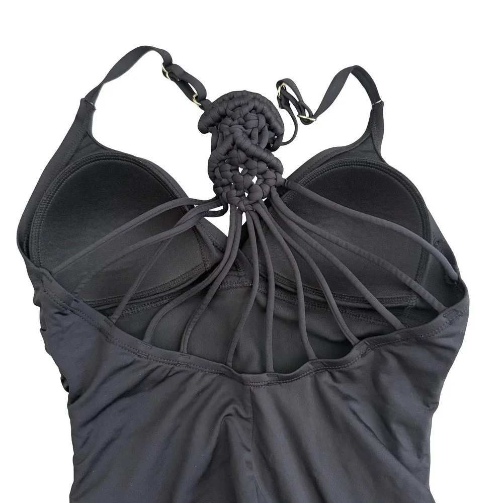 One Piece Swimsuit Black Macrame Racerback Ruched Women Size 6